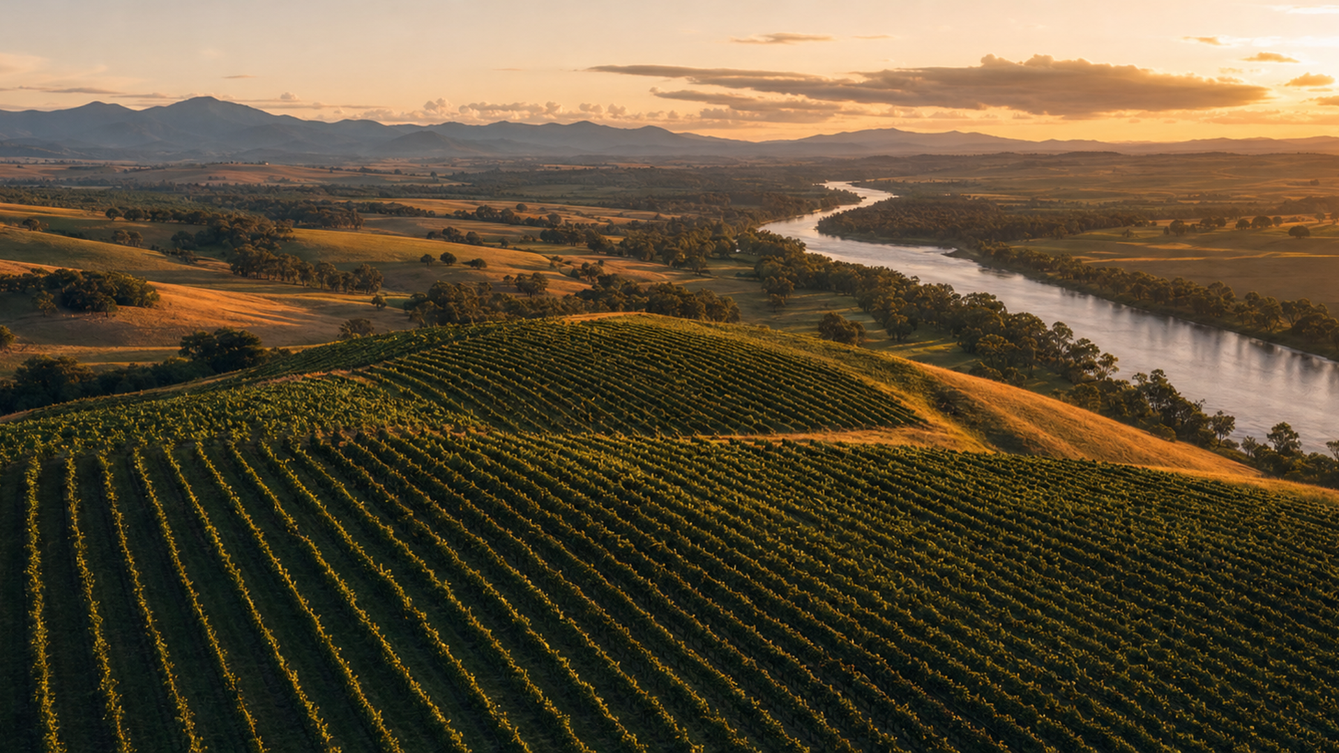 Rows of Australian vineyards at golden hour rolling toward distant hills