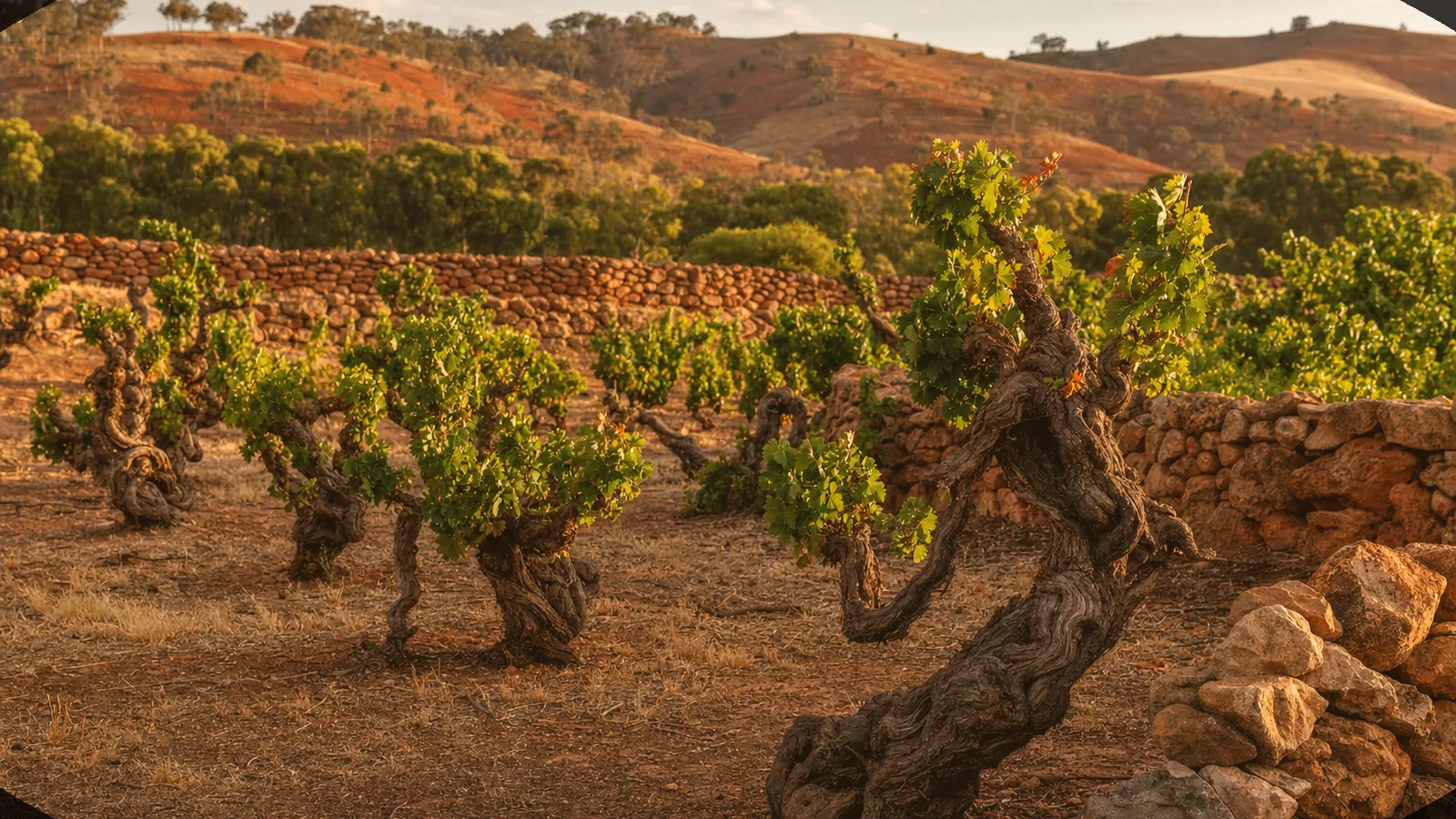 Illustrative warm old-vine vineyard scene evoking South Australia's wine country — an AI-generated scene, not a photograph of a specific winery