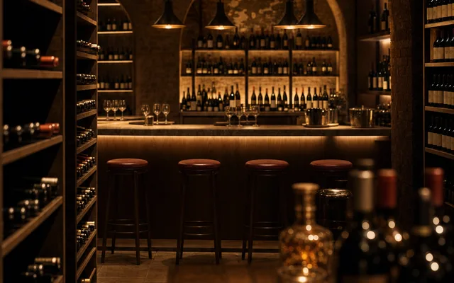 Illustrative wine-bar scene for Amici Wine Bar & Deli — not an actual photo of the venue