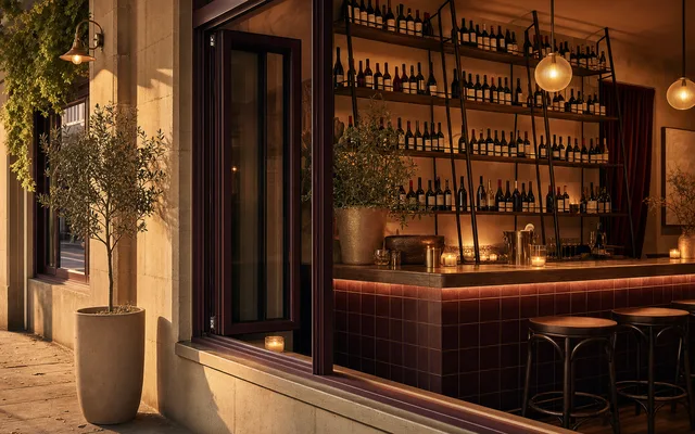 Illustrative wine-bar scene for Cru Bar + Cellar — not an actual photo of the venue