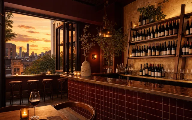 Illustrative wine-bar scene for Dark Red Wine Bar — not an actual photo of the venue