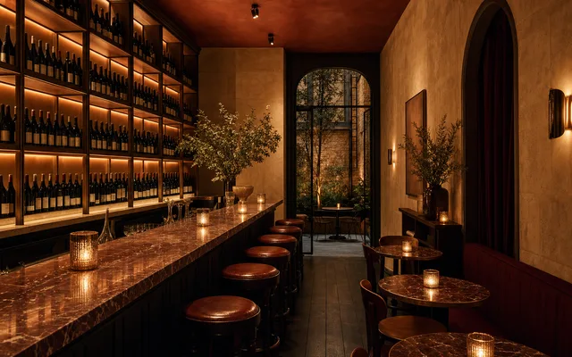 Illustrative wine-bar scene for Dear Sainte Éloise — not an actual photo of the venue