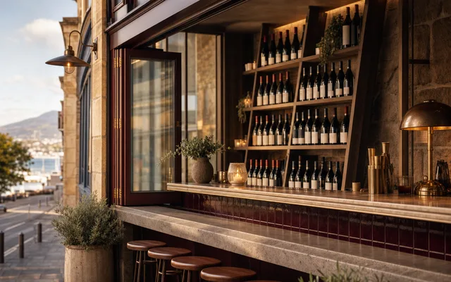 Illustrative Hobart wine-bar scene — an AI-generated image, not a photograph of a specific venue