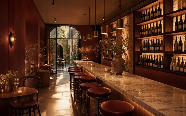 Illustrative wine-bar scene for Love, Tilly Devine — not an actual photo of the venue
