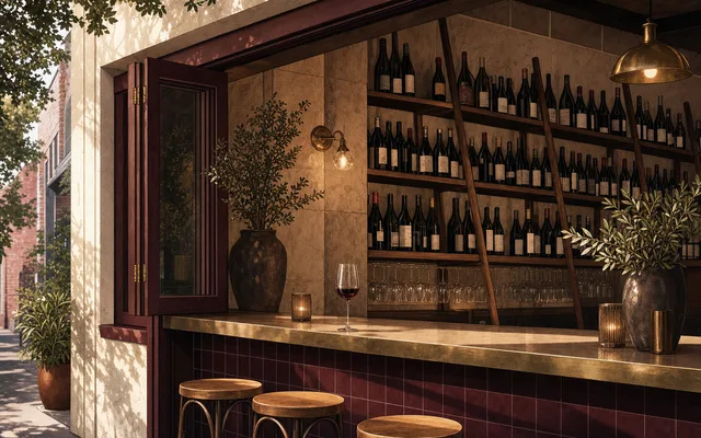 Illustrative wine-bar scene for Old Palm Liquor — not an actual photo of the venue
