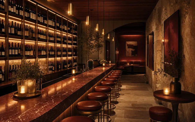 Illustrative wine-bar scene for Rosie in My Midnight Dreams — not an actual photo of the venue