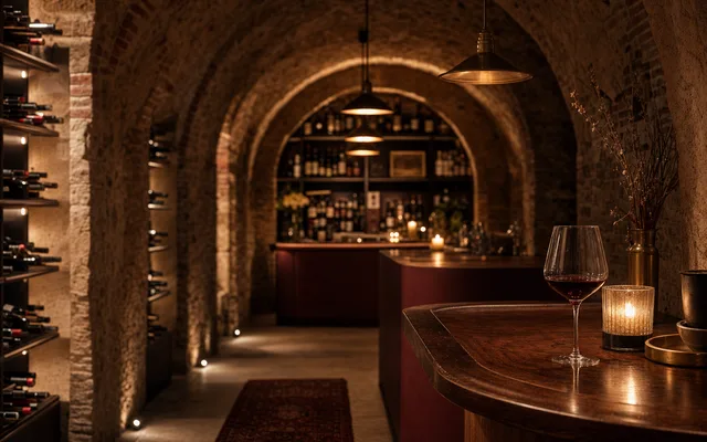 Illustrative wine-bar scene for The Old Seven — not an actual photo of the venue
